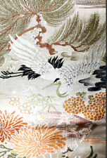Antique Maru Obi Crane Chrysanthemum Silk Japanese Kimono Belt Bamboo Display picture