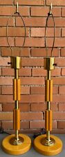 Pair Vintage Wood Brass Table Lamps MCM Mid Century Modern Lighting 70s picture