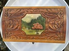 Vtg Cedar Wood Hand Carved Jewelry Trinket Keepsake Box with Guilded Mirror Rose picture