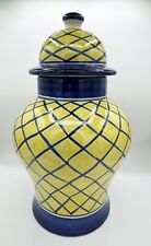 Vintage Talavera Mexican Pottery Large Urn Yellow & Cobalt Blue Original Lid picture