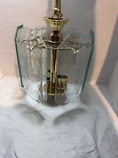 Vintage Retro MCM Hanging 3 Bulb Chandelier 6 Pane Beveled Glass Brass Light picture
