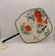 Vtg Chinese Silk Oriental Fan Genuine Hand Painted Bamboo Handle Vibrant Colors picture