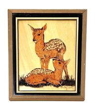 Vintage Retro Framed Printed Reverse Painting On Glass Deer Fawns  picture