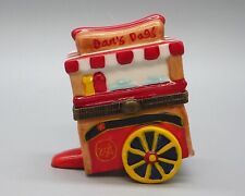 Vintage Porcelain Hinged Hot Dog Cart Trinket Box with Bonus Mini Hot Dog picture