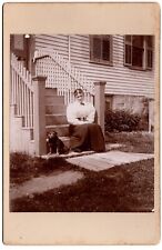CIRCA 1890s CABINET CARD GORGEOS YOUNG LADY IN DRESS ON PORCH WITH SMALL DOG picture