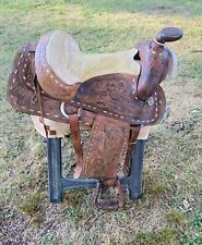 VTG/ Antique Early Western Leather Horse Saddle Sheepskin Padded Tooled 15” picture