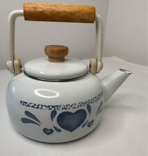 Vintage 80s Blue Hearts Enamel Kettle with Wooden Handle by Jay Made picture