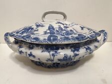Vintage Chinese Blue & White Covered Oval Vegetable Tureen with Handles picture