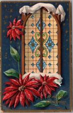 1911 CHRISTMAS Embossed Postcard Stained Glass Church Window / Poinsettias picture