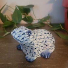Andrea by Sadek Hand Painted Blue & White Fishnet Sitting Frog Porcelain Figure picture
