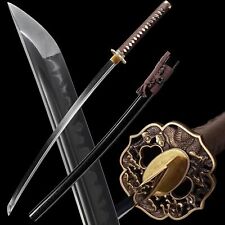 Brown Katana Sword Real Hamon Clay Tempered T10 Steel Razor Sharp Brass Tsuba picture