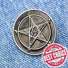 Metal Pin with Pentagram. Baphomet, Satan, 666 occult symbol, black metal button picture