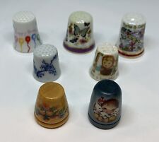 Lot of 7 Vintage Collectible Thimbles Porcelain and Wood Floral & Nature Themed picture