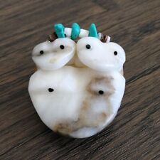 Zuni Ed Lementino Hand Carved White Alabaster Triple Frog Fetish with Offering picture