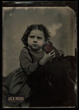 1800s Tintype Photo Little Girl Holding Tinted Red Bird Maybe a Parrot Rare picture