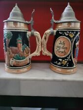 2 Vintage BMF Milk Glass Beer Steins West Germany Cavalier Lady Coat of Arms EUC picture