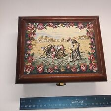 BEAUTIFUL WOOD BOX w/ HINGED TOP & embroidered FABRIC TOP accent (3364) picture