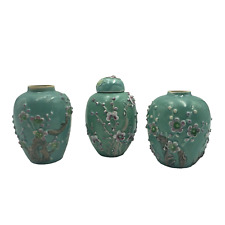 Miniature Chinese Ceramics 2 Vases 1 Ginger Jar Turquoise Flowers picture