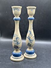 2 Vintage Hand painted Wooden Candle Sticks And Signed By Artist picture