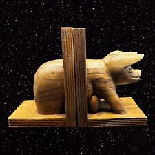 Wood Pig Bookend Set Carved Book End Piggy Wooden Vintage 9.5”T 5”W picture