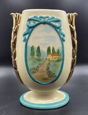 Vintage Vase Ivory Turquoise Gold Cottage Scene Hand Painted Unique EUC 7.5” picture