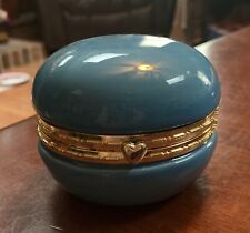Trinket Hinged Box Ceramic blue Macaron Gold Heart Closure VGUC looks unused picture