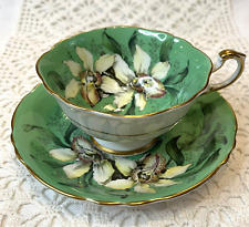 Paragon DOUBLE WARRANT Green Tea Cup & Saucer w White Pink Orchid Gold Gilt RARE picture