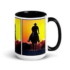 NEW COWBOY SUNSET Cowboy riding off into the sunset Western Fan Mug 15oz GIFT picture