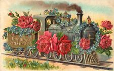Birthday Greetings Railroad Train Flowers Embossed 1908 Postcard picture
