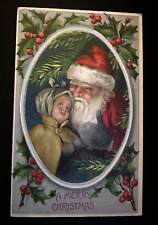 Santa Claus with Child~Holly~Pine Branches~ Antique Christmas Postcard~k462 picture