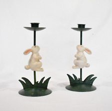 Vintage Pair of Green Metal and White Rabbit Candle Stick Holders 8.5