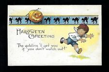 Early 1900's Miller Art Series 298 Halloween Postcard Boy Running Cats Pumpkin picture