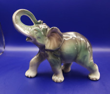 Vintage Ceramic Elephant figurine Trunk Up Green Pink 6.5” x 7.5” Japan picture