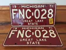 Pair Matched Vintage 1971 Michigan US Great Lake State Red White License Plates picture