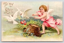 Clapsaddle Valentine~Pink Gossamer Cupid Chases White Doves Past Tree Stump~IAPC picture