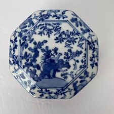 Vintage Blue White Trinket Box Dish With Lid 8 Sided Flat Bird Floral China picture