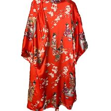 Vtg 100% Silk Japanese Robe Geisha Waist Tie Made In Japan Red Satin Bird Flower picture