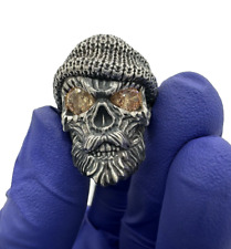 925 Sterling Silver Head Scarf Bearded Skull With Champagne, CZ Eyes Size-8 picture