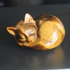 Carved crystal gold tiger eye sleeping cat figurine animal office home decor 2'' picture