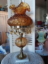 Vintage Fenton Amber Poppy Student Lamp &CITRINE crystal prisms GORGEOUS BEAUTY picture