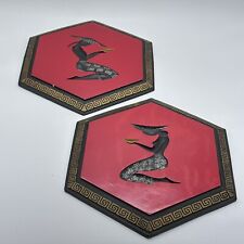 Devonware Vintage MCM Asian Oriental Hexagon Chalk Ware Wall Plaque Set Of Two picture
