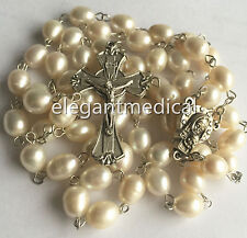 RARE 9MM Freshwater pearl BEADS CATHOLIC ROSARY CROSS GIFT Crucifix NECKLACE BOX picture