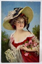 Artist Unsigned | Colorful Litho | Woman w/ Roses | Victorian Style | Romantic picture