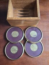 Vintage Four Queens Casino Las Vegas Brass Leather Coasters Set Of Four In Box  picture