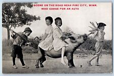 Pine City Minnesota Postcard Scene Road Children Riding Pig Playing 1910 Antique picture