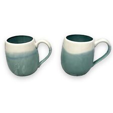 Anthropologie Cabarita Coffee Mug Teal White Earthenware Crackle Glazed Lot of 2 picture