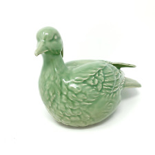 Celadon Mandarin Duck Glaze Porcelain Dove Figurine Pottery Vintage Signed 7” picture