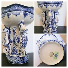 RARE Gzhel Russian Porcelain Blue  White Sea Horses Pedestal Compote Mint Large picture