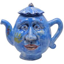  Whimsical Folk Art Face Tea Pot Artisan Handmade Pottery 48oz Happy Smile picture