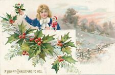 CHRISTMAS - Girl Holding Doll and Holly Tuck Postcard picture